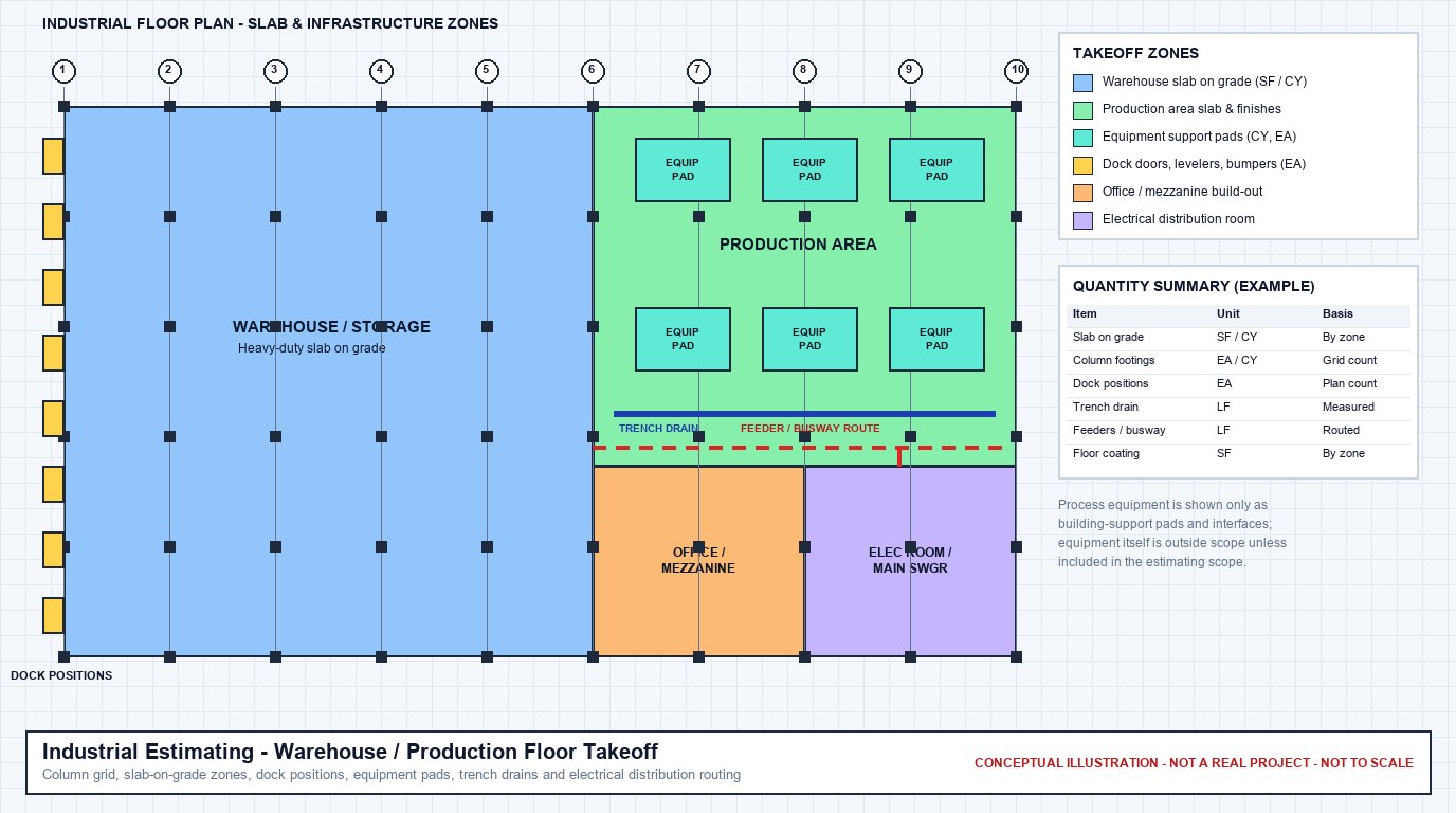 Conceptual industrial floor plan diagram showing a numbered column grid, warehouse and production slab zones, dock door positions, equipment support pads, a trench drain, an electrical feeder route, and an example quantity summary table
