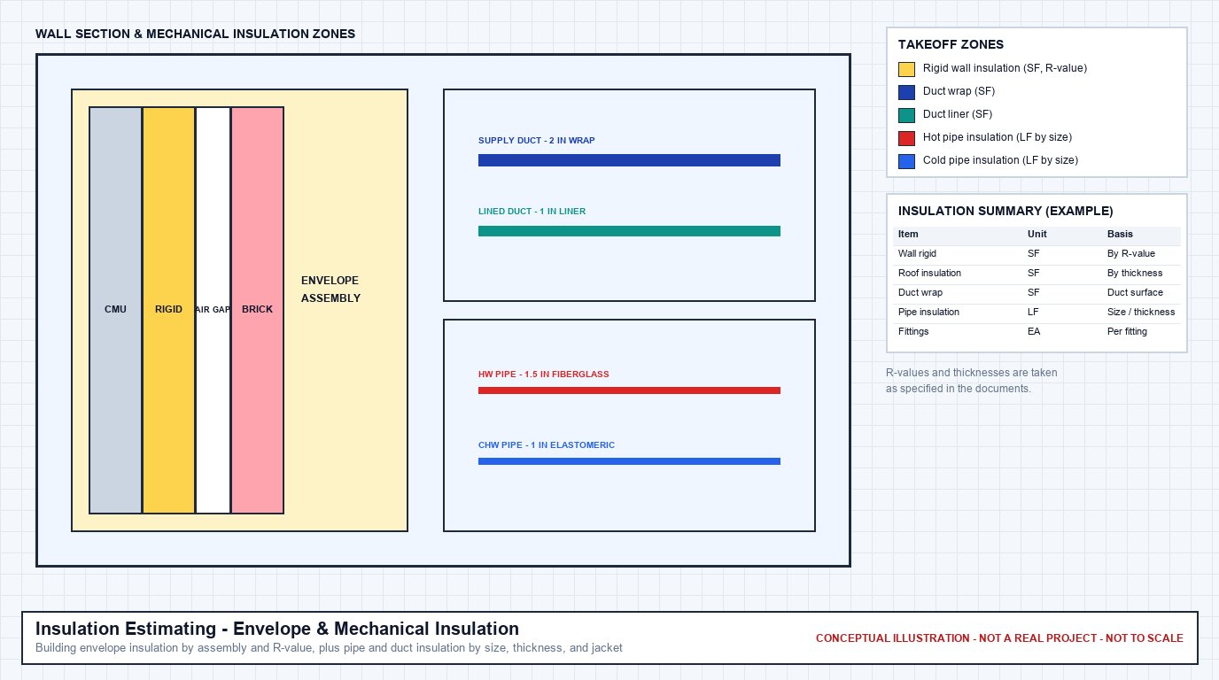 Conceptual exterior wall section with CMU, rigid insulation, air gap, and brick, beside duct wrap, duct liner, and hot and chilled water pipe insulation runs, with an example insulation summary