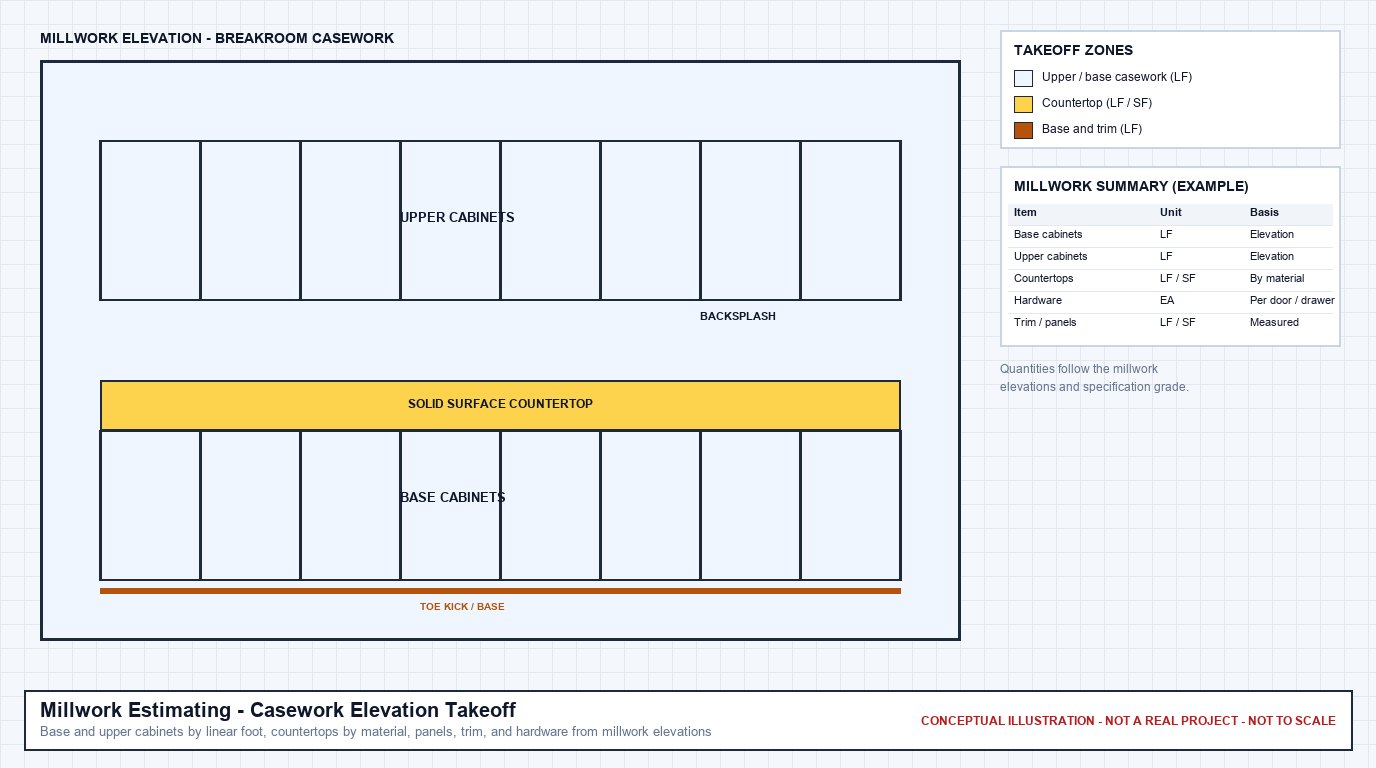 Conceptual millwork elevation of breakroom upper and base cabinets, a solid surface countertop, backsplash, and toe kick, with an example millwork summary