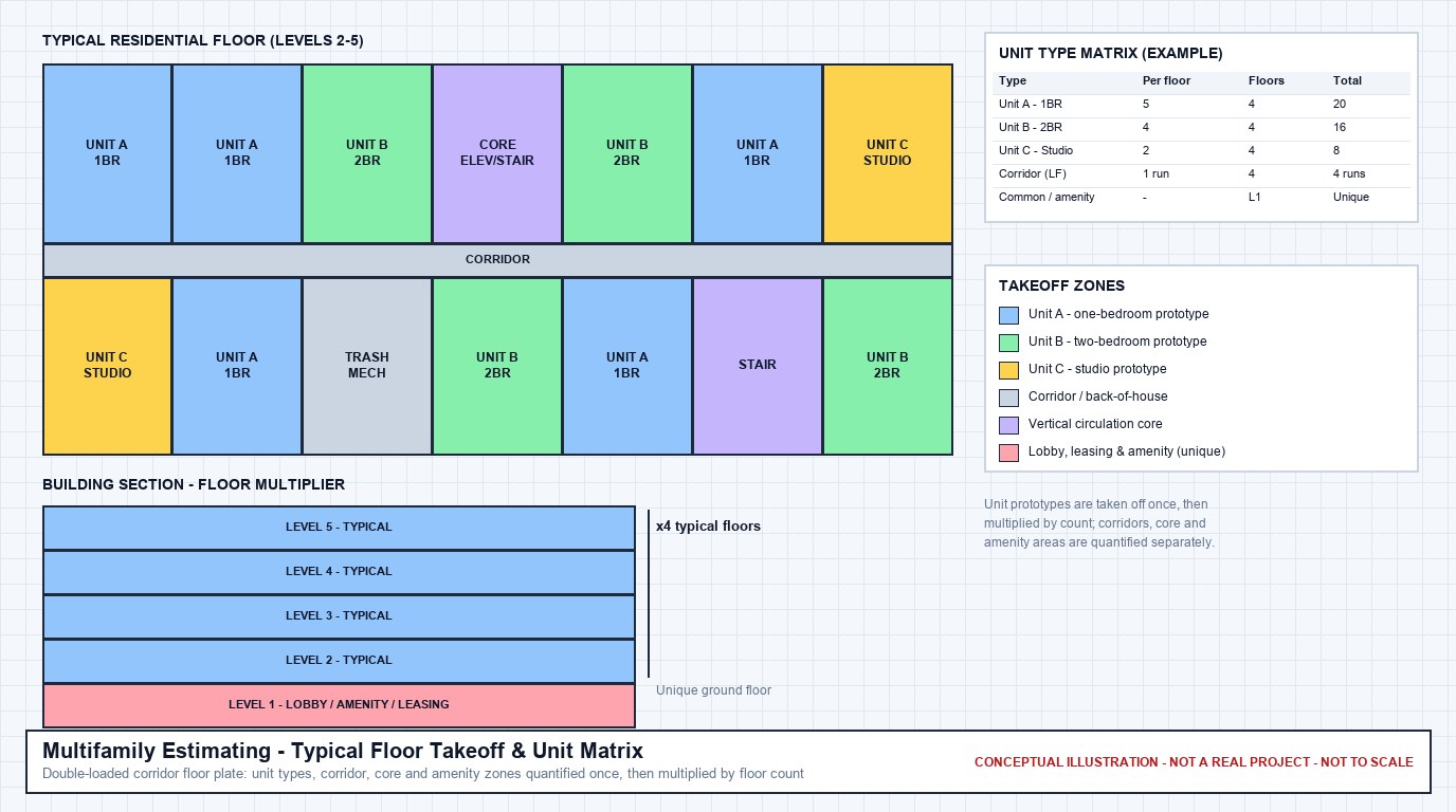 Conceptual diagram of a typical multifamily floor plate with color-coded one-bedroom, two-bedroom, and studio unit types along a double-loaded corridor, a building section showing four typical floors over a ground-floor lobby and amenity level, and an example unit type matrix