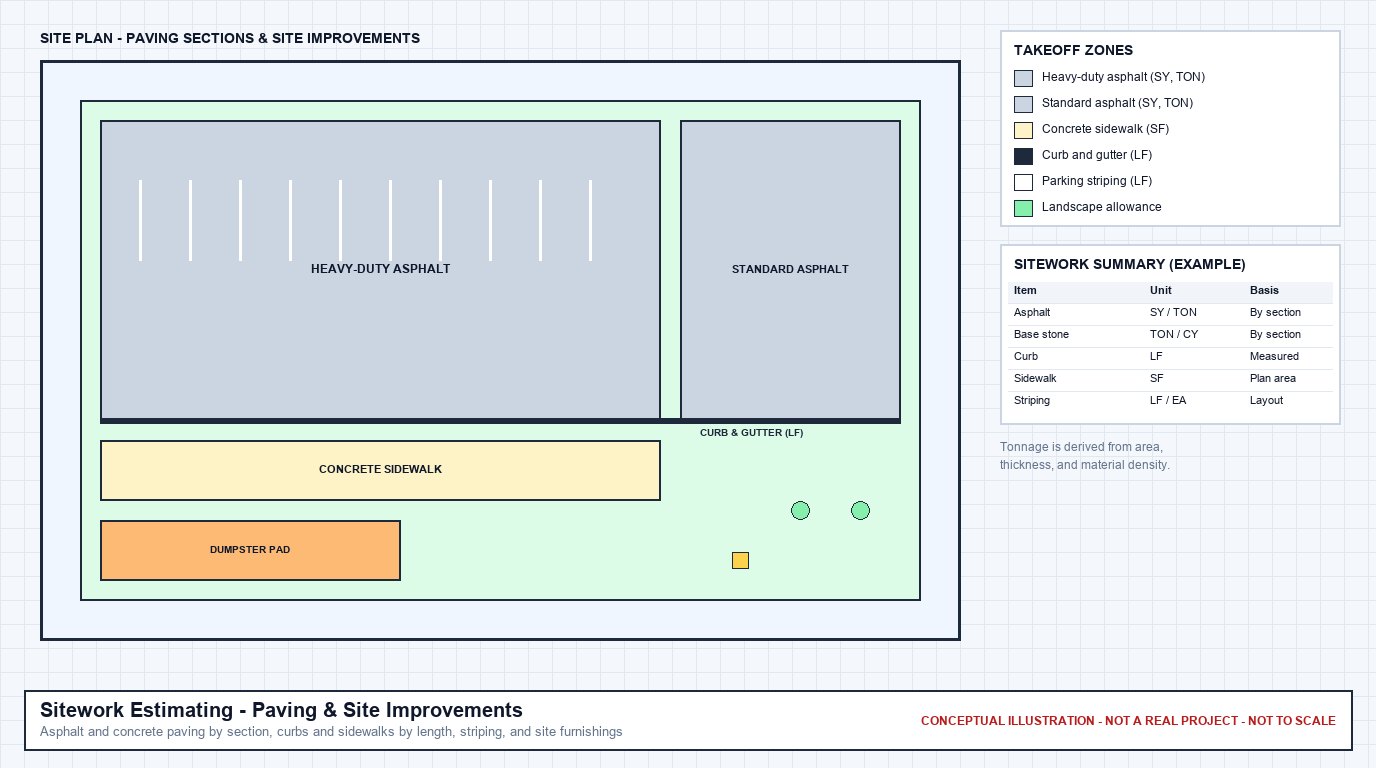 Conceptual site paving plan showing heavy-duty and standard asphalt areas, curb and gutter, a concrete sidewalk, a dumpster pad, and striping, with an example sitework summary