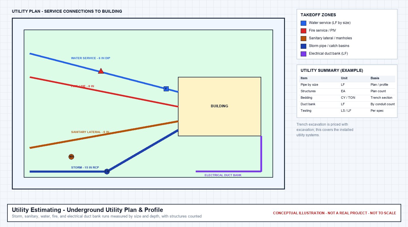 Conceptual utility plan showing water service, fire line, sanitary lateral, storm pipe, and an electrical duct bank connecting to a building, with manholes, a catch basin, and an example utility summary