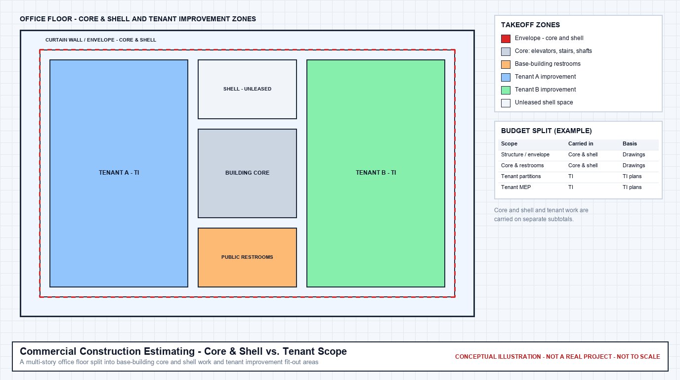 Conceptual office floor plan dividing core and shell scope (envelope, building core, public restrooms, unleased shell) from two tenant improvement areas, with an example budget split table
