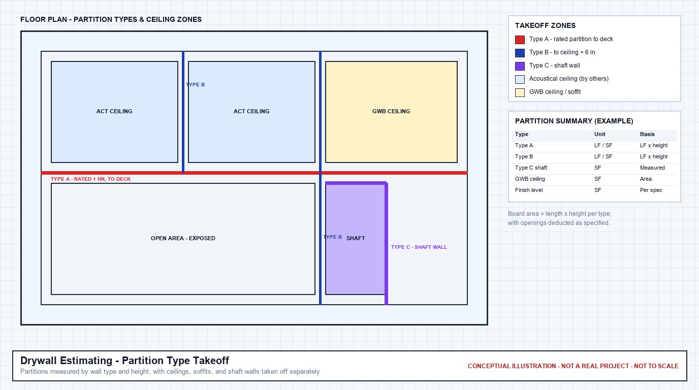 Conceptual floor plan showing rated partitions to deck, partitions to ceiling, a shaft wall, and acoustical and gypsum ceiling zones, with an example partition summary