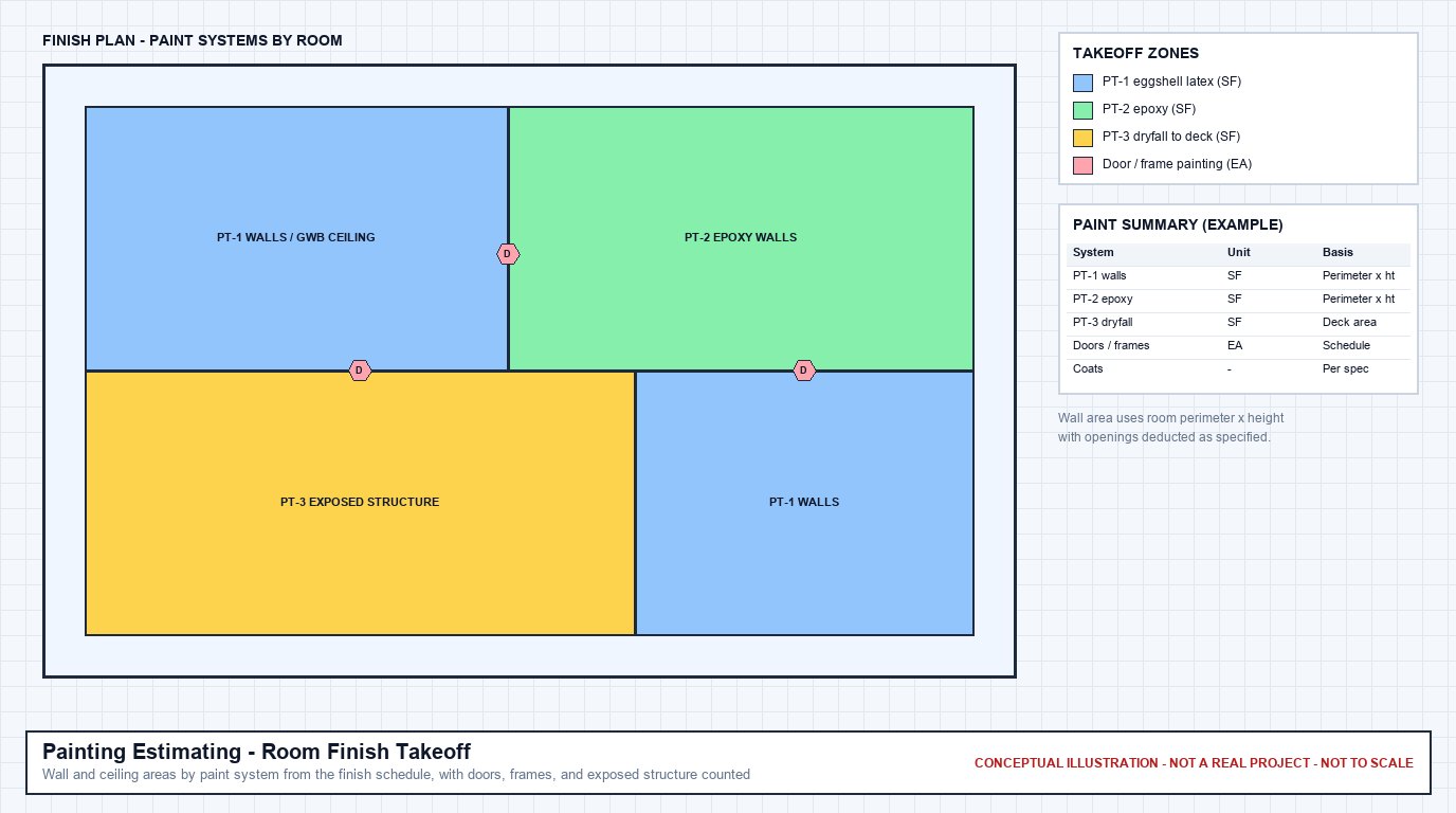 Conceptual finish plan showing three paint systems by room and door and frame painting locations, with an example paint summary